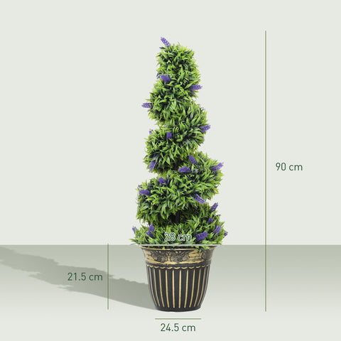 A 90 cm tall HOMCOM set of 2 decorative artificial plants with vibrant green leaves and purple flowers in black gold pots