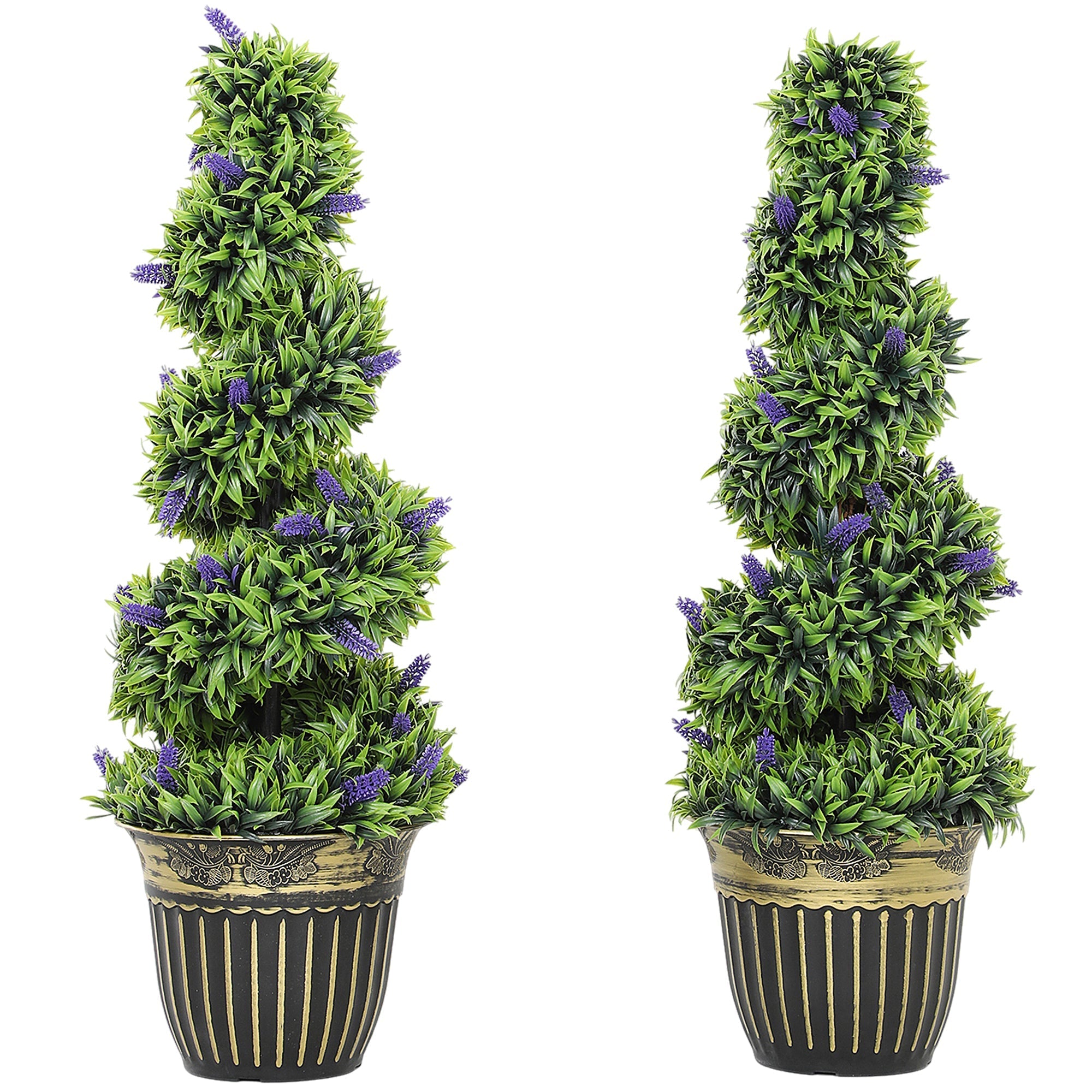 Set of 2 homcom decorative artificial plants with vibrant green leaves and purple flowers in black pots with gold stripes