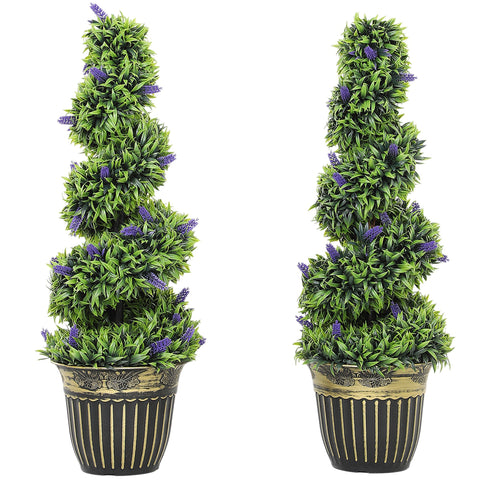 Set of 2 homcom decorative artificial plants with vibrant green leaves and purple flowers in black pots with gold stripes
