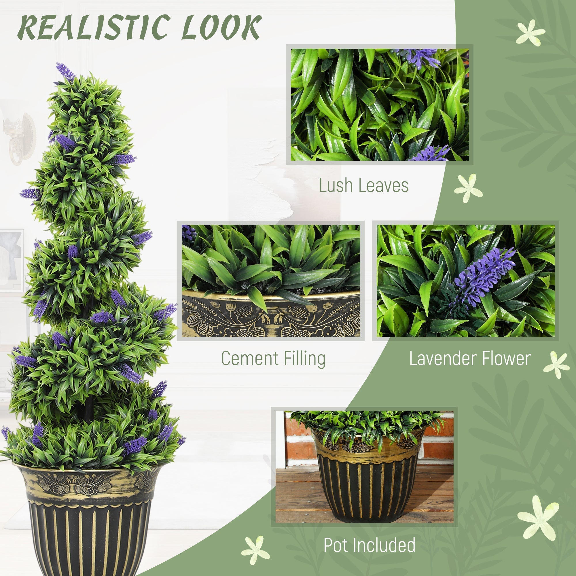 A tall lavender spiral artificial plant with vibrant green leaves in a black and gold striped decorative pot