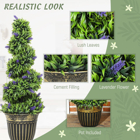 A tall lavender spiral artificial plant with vibrant green leaves in a black and gold striped decorative pot