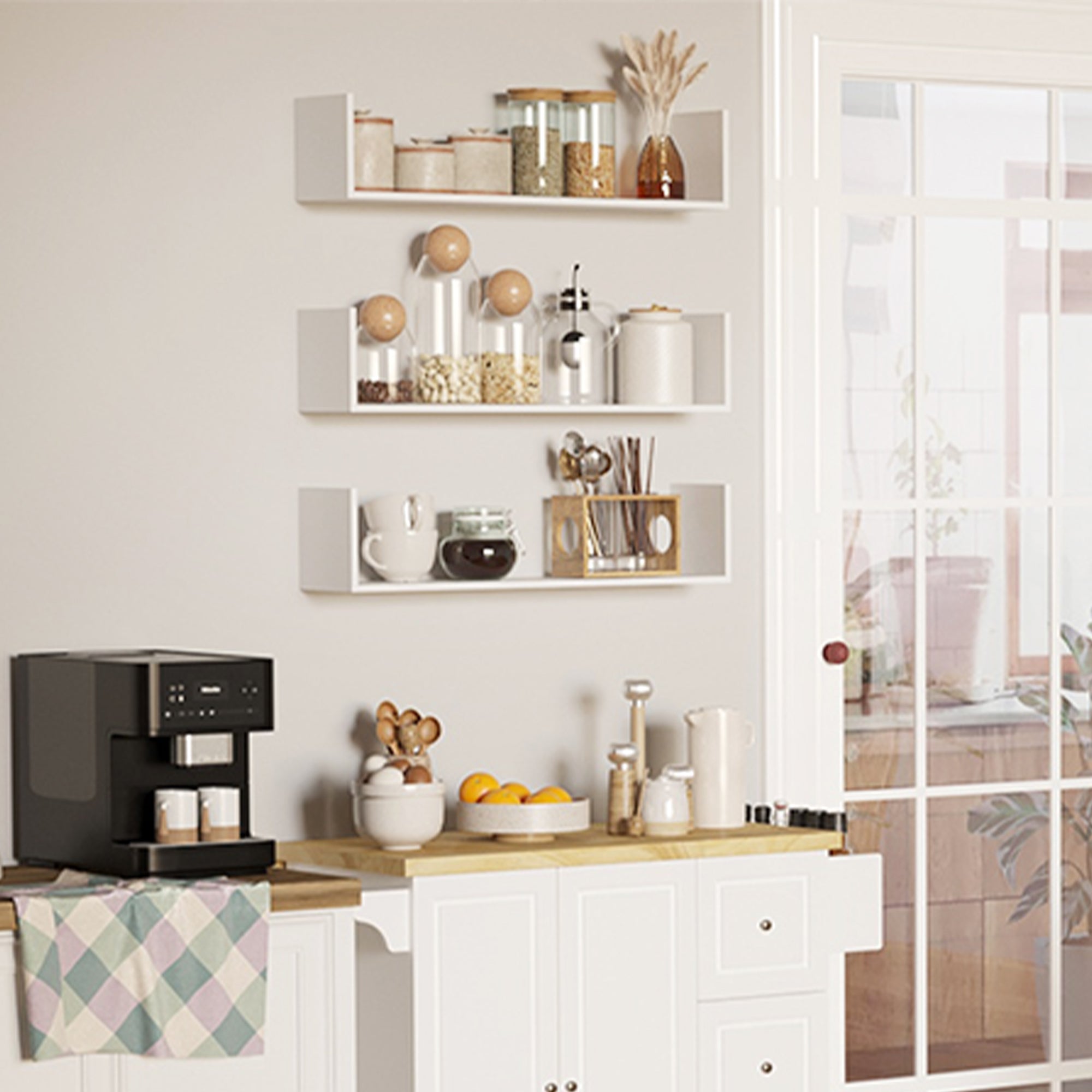 White wooden u-shaped floating shelves set mounted on wall holding glass jars and ceramics saving floor space