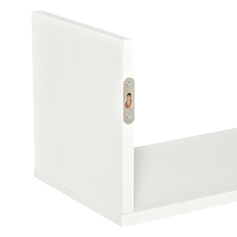 White wooden u-shaped floating shelf with silver embossed latch for wall mounted storage saving floor space