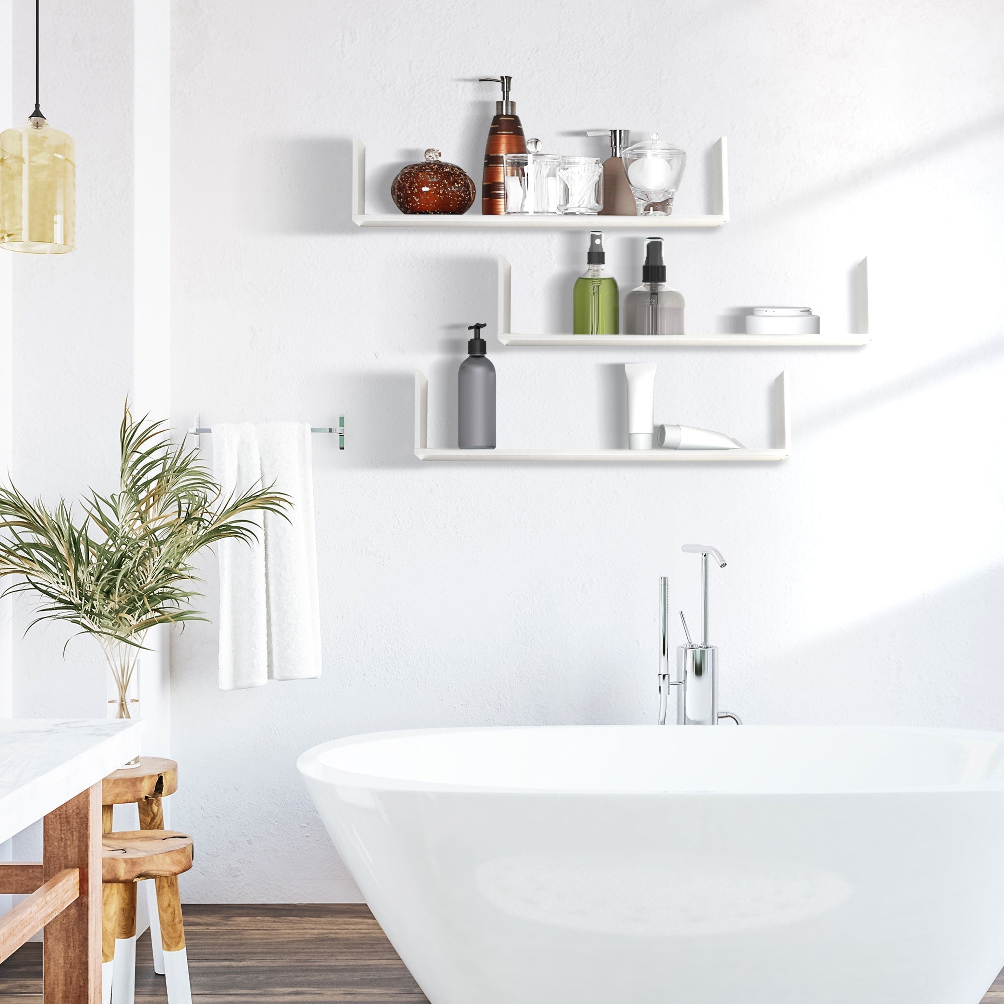 White wooden u-shaped floating shelves set by HOMCOM with minimalist design saving floor space in bathroom storage