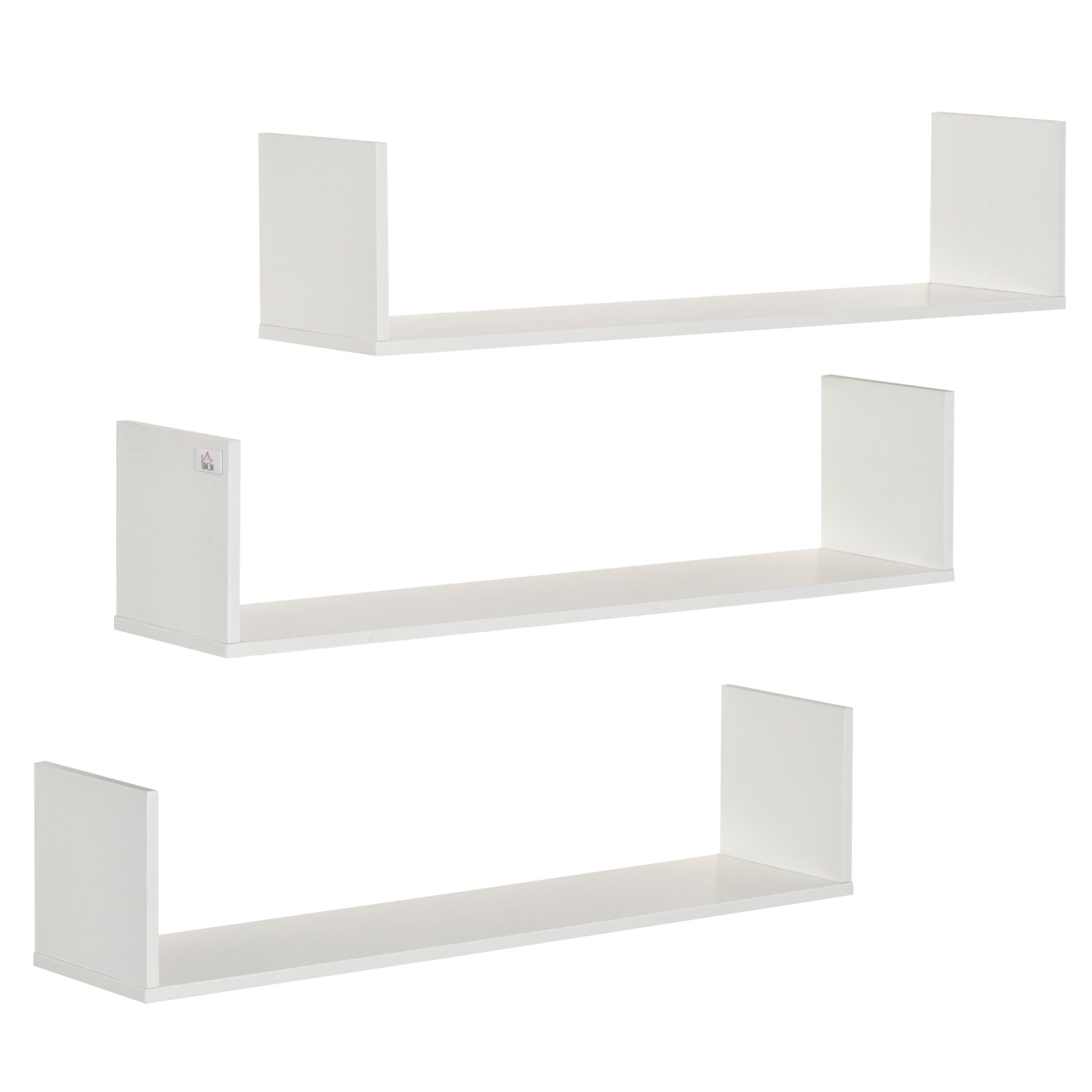 Set of three white wooden u-shaped floating shelves by HOMCOM ideal for saving floor space and displaying books or DVDs