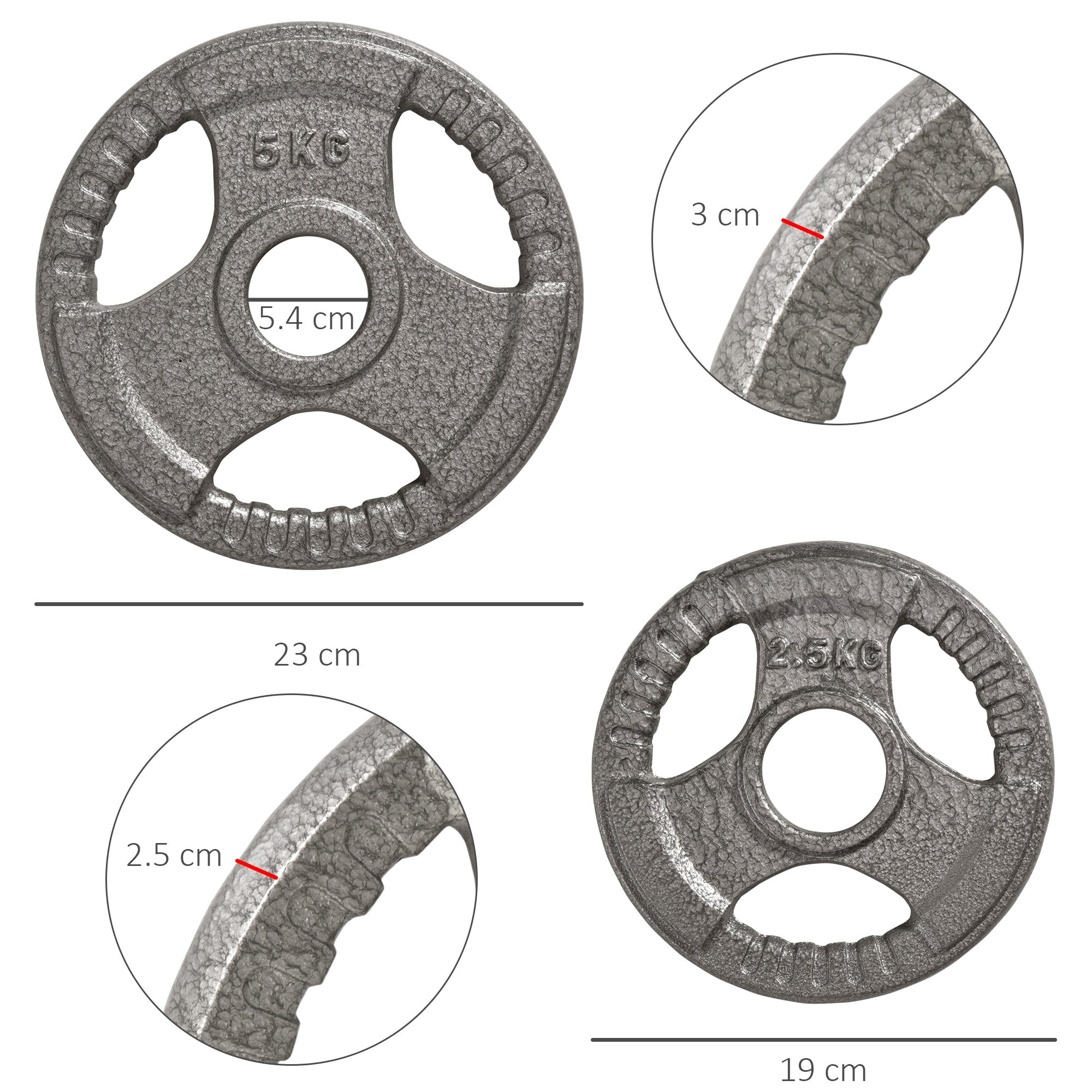Gray textured 5kg plate with three hand grip notches and centre hole for homcom dumbbell weight set