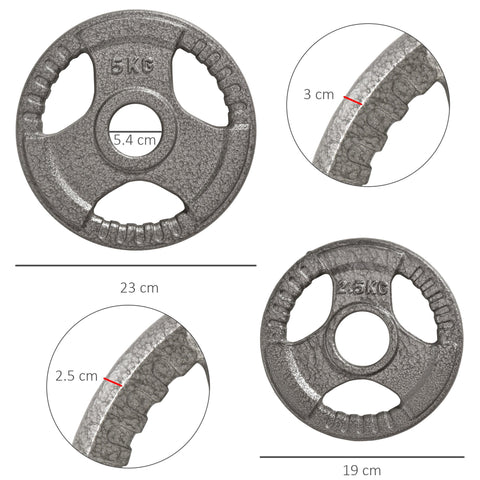 Gray textured 5kg plate with three hand grip notches and centre hole for homcom dumbbell weight set