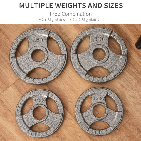 Set of four gray textured 5kg plate and 2.5kg weight plates with centre hole and hand grip for dumbbell use