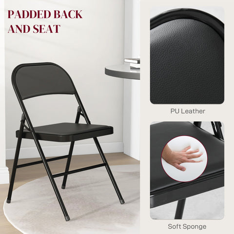 Black folding chairs with steel frames padded with pu leather and soft sponge seats set of four by homcom