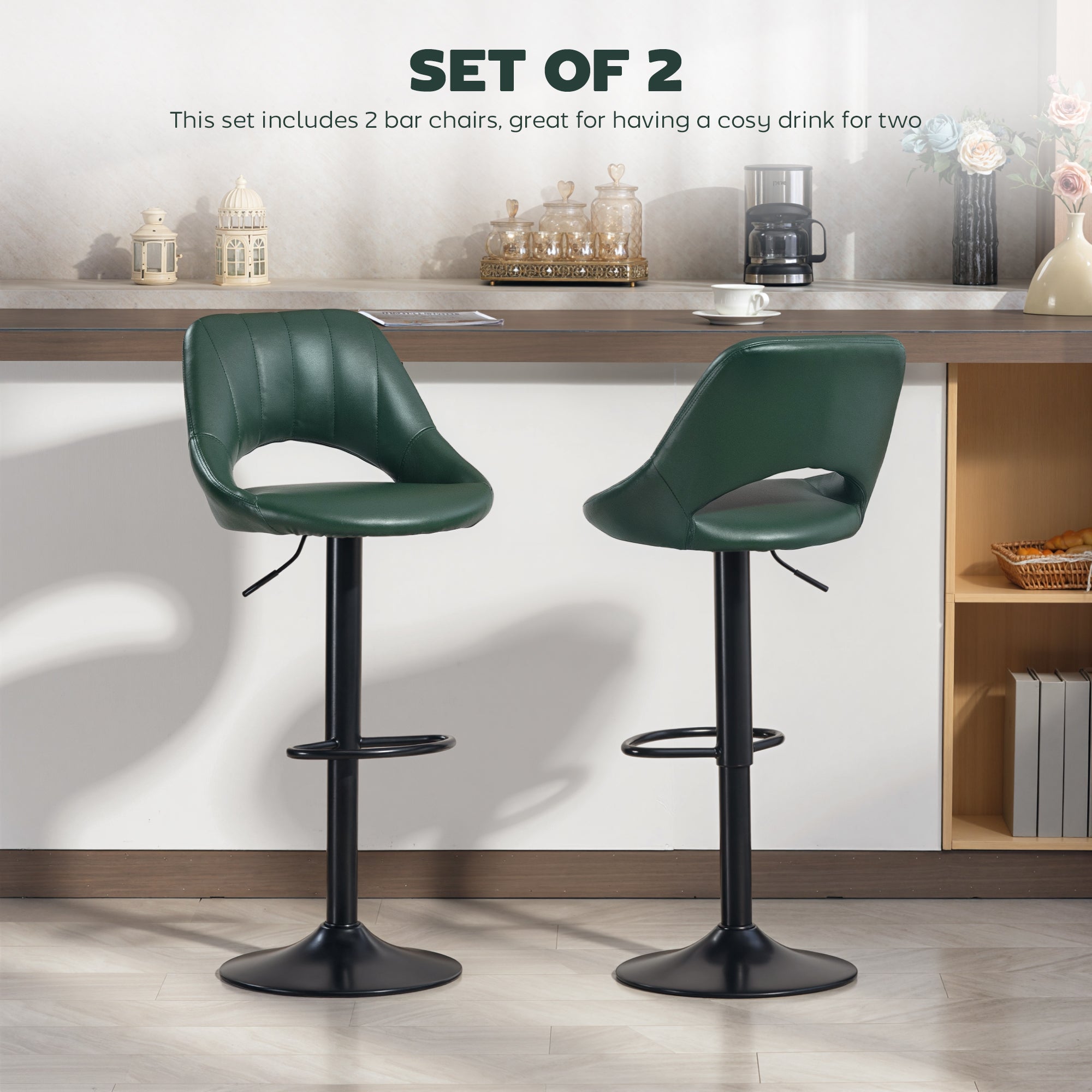 Set of two dark green faux leather bar stools with steel frame and adjustable height for kitchen or home bar use