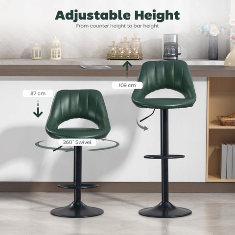 Dark green faux leather bar stools with steel frame bases and adjustable height perfect for home bars or kitchen counters