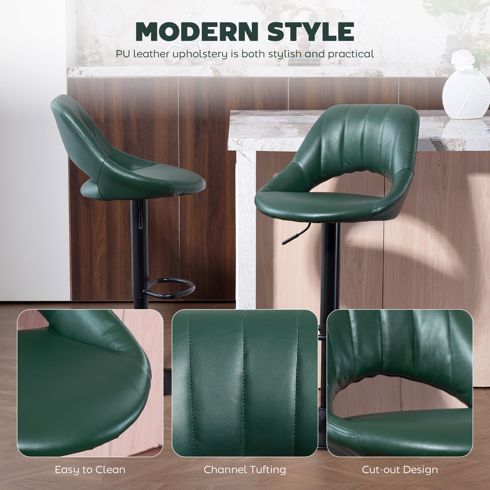 Modern-style dark green faux leather bar stools with channel tufting cut-out design and sturdy steel frame set of two