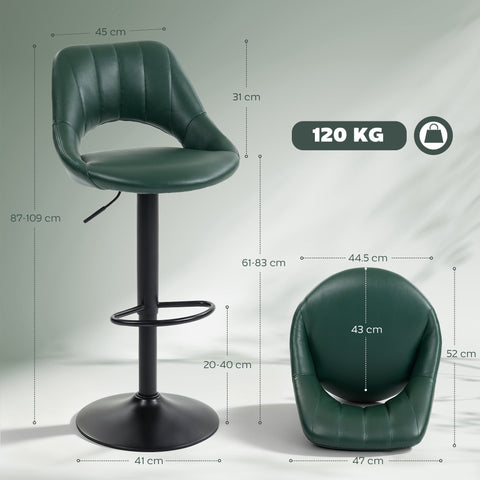 Dark green faux leather bar stools with black steel frame base and adjustable height perfect for home bars