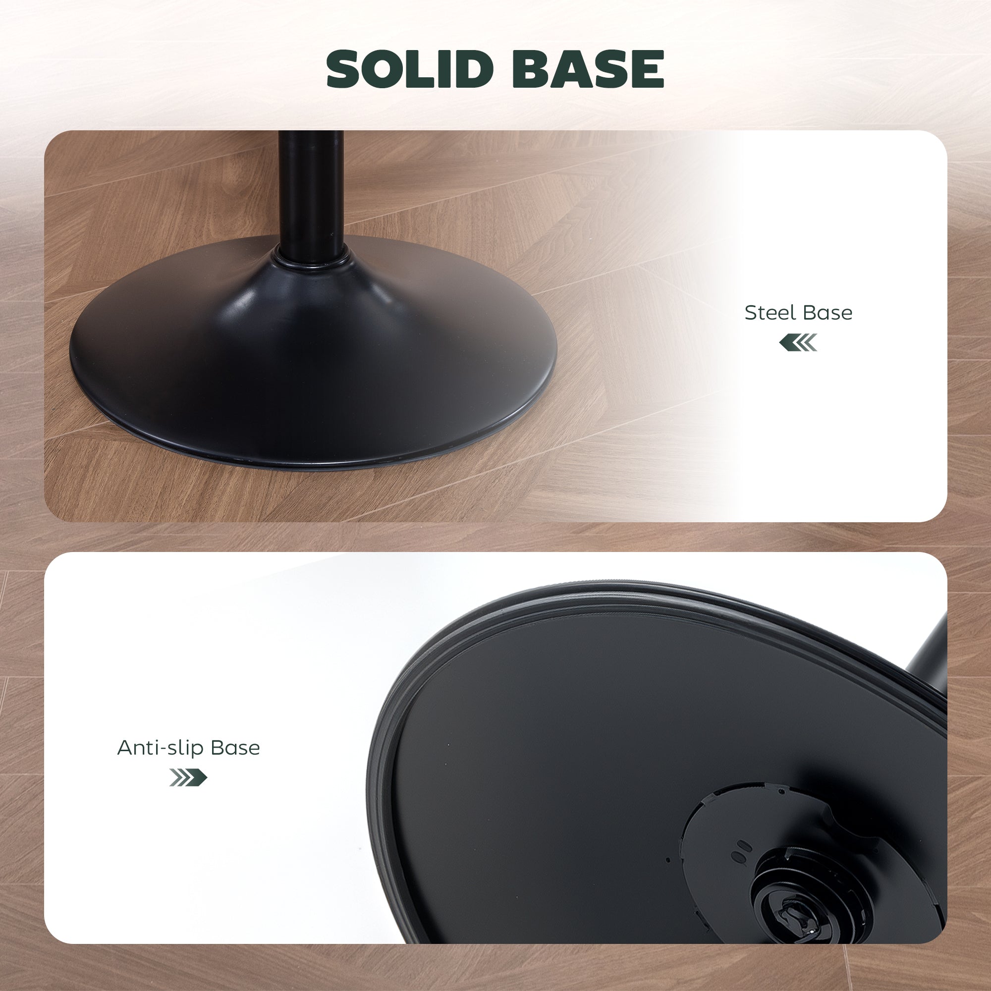Black steel table base with solid anti slip design for dark green faux leather bar stools with steel frame