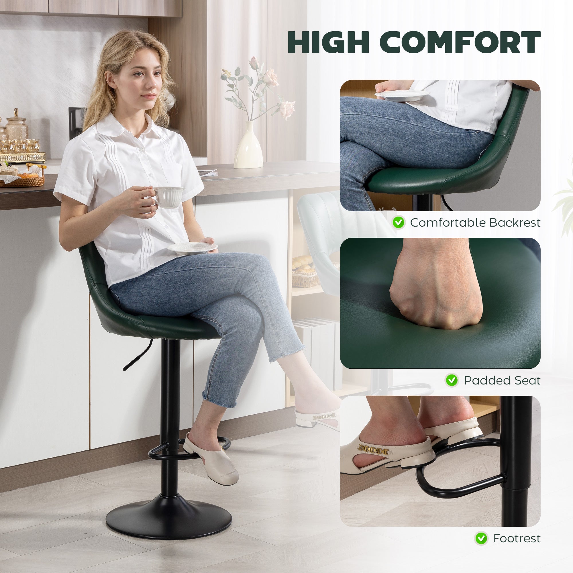 Dark green padded bar stools set of two with faux leather seats and black steel frame base and footrest by HOMCOM