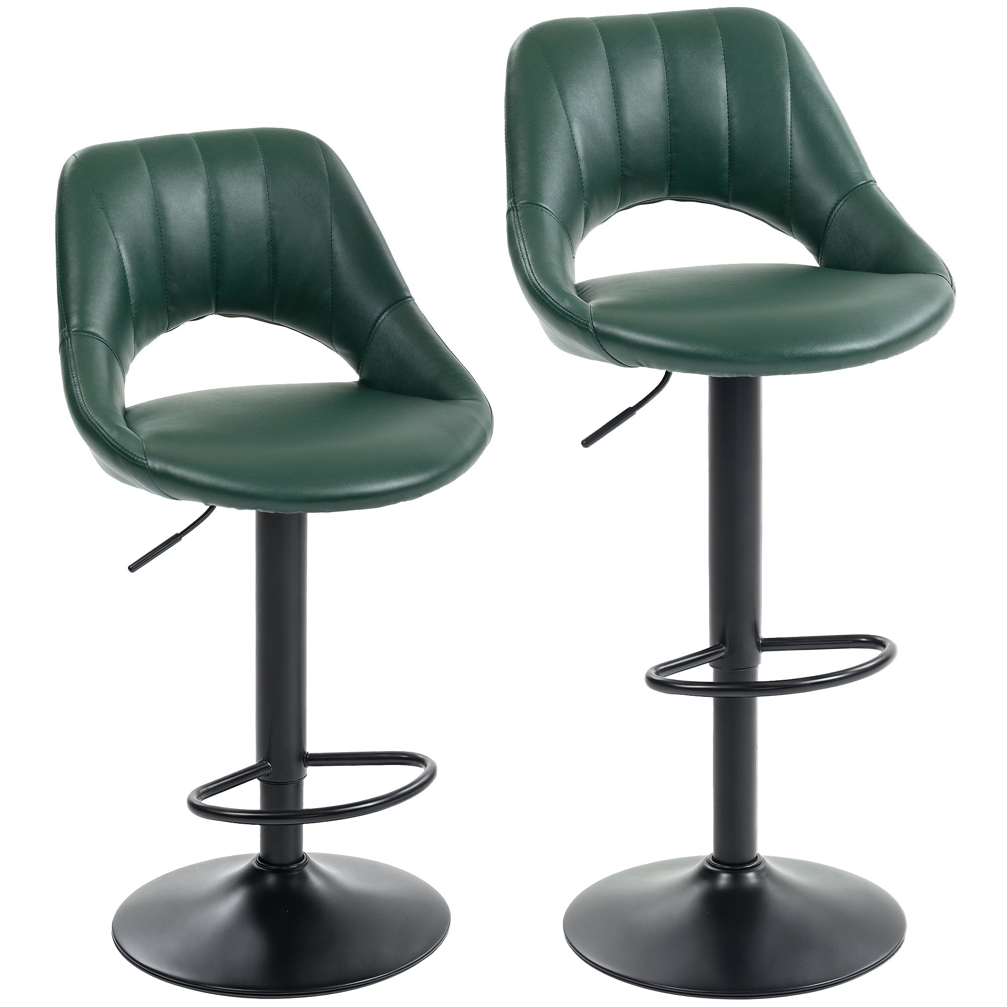 Dark green faux leather bar stools with steel frame bases and footrests perfect for home bars or kitchen counters