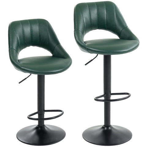 Dark green faux leather bar stools with steel frame bases and footrests perfect for home bars or kitchen counters