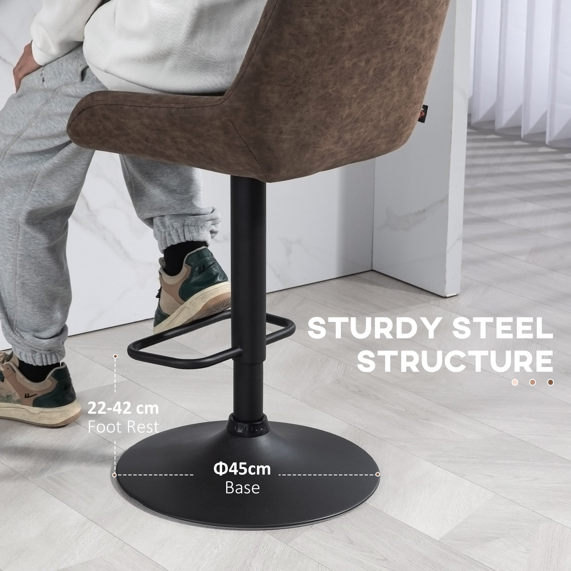 Brown faux leather upholstery bar stool with black steel base and footrest set of two from HOMCOM