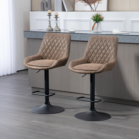 Two brown faux leather upholstery bar stools with quilted design and black metal bases by HOMCOM