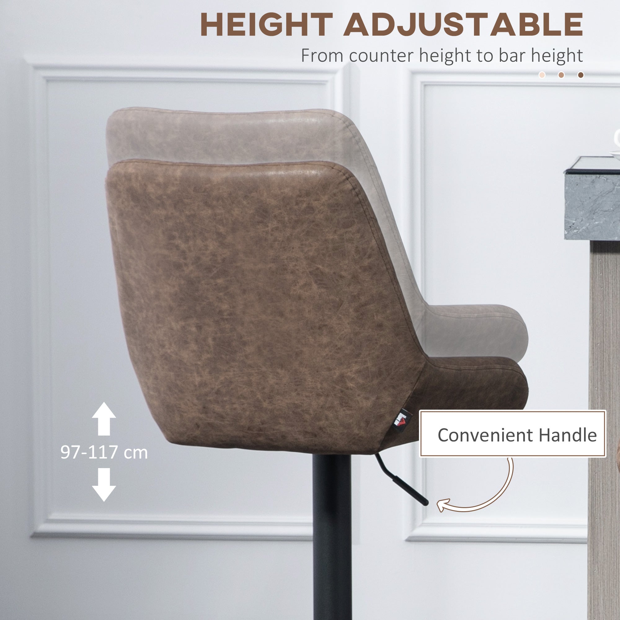 Adjustable-height HOMCOM bar stools with brown faux leather upholstery and black metal base in a set of two