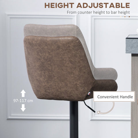 Adjustable-height HOMCOM bar stools with brown faux leather upholstery and black metal base in a set of two