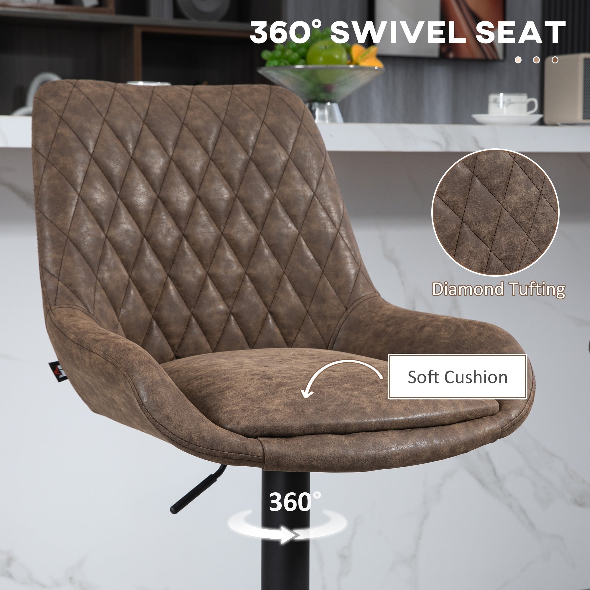 Brown diamond tufted bar stools with soft faux leather upholstery and 360 degree swivel base for home bar seating