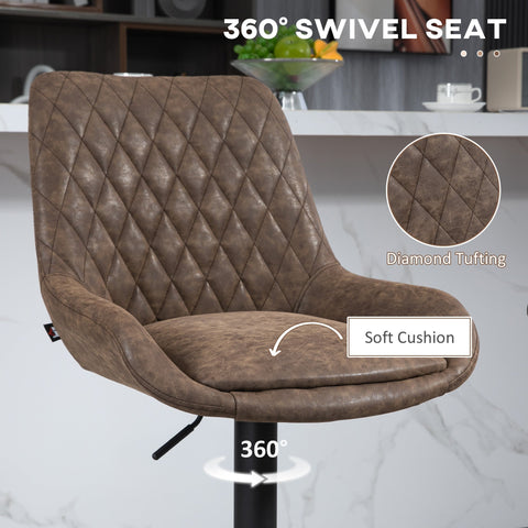 Brown diamond tufted bar stools with soft faux leather upholstery and 360 degree swivel base for home bar seating