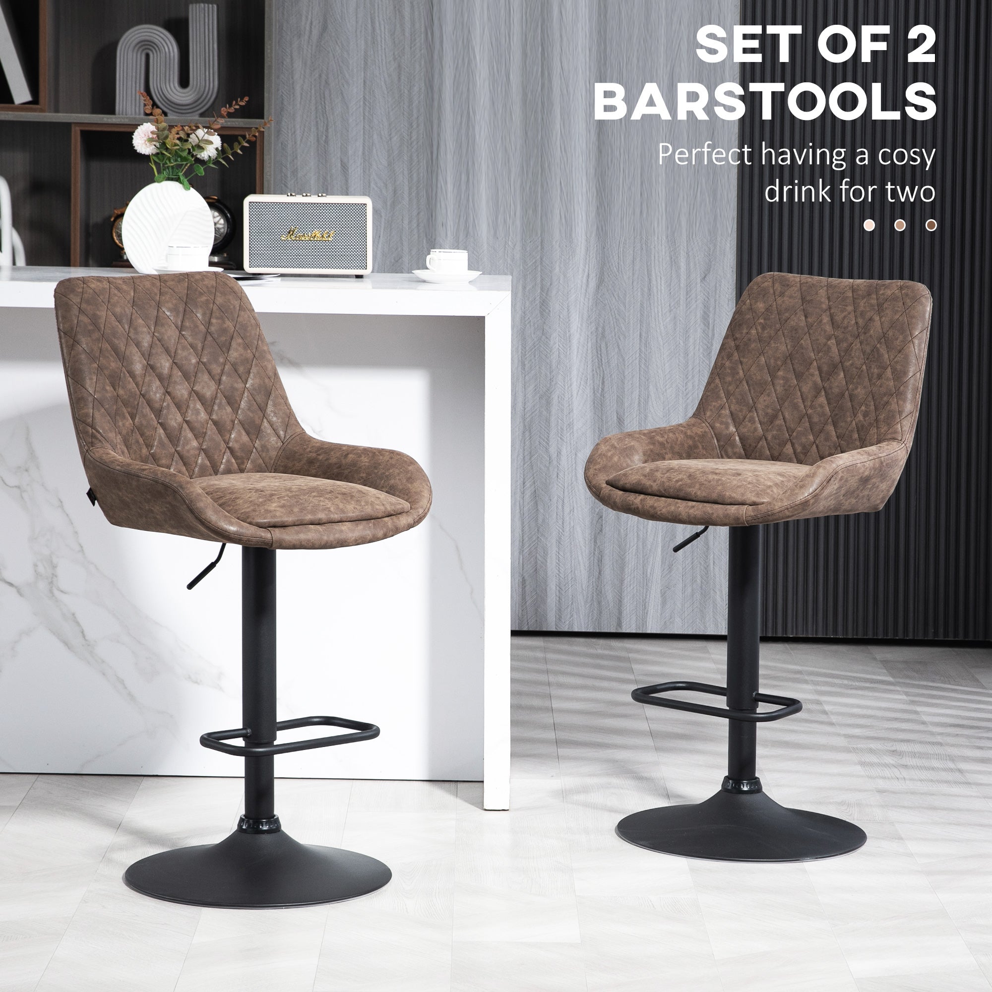 Set of two brown quilted faux leather bar stools with black metal bases and stylish faux leather upholstery by homcom