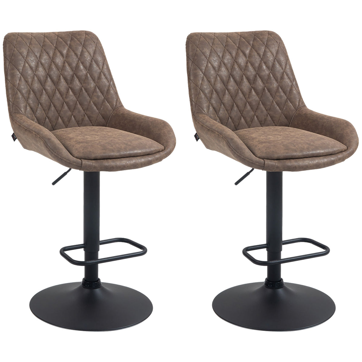 Brown homcom set of two bar stools with quilted faux leather upholstery and black metal bases with footrests