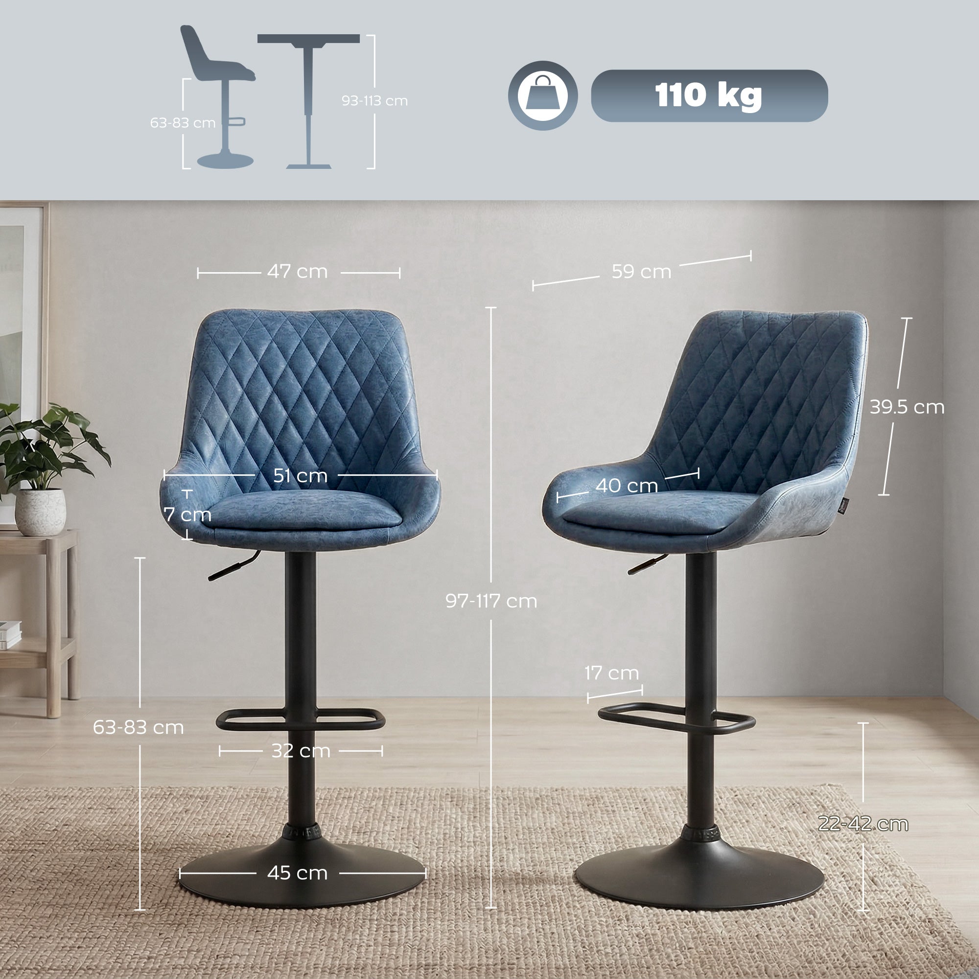 Set of two homcom bar stools with blue quilted faux leather upholstery and black metal bases for stylish seating