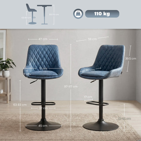 Set of two homcom bar stools with blue quilted faux leather upholstery and black metal bases for stylish seating