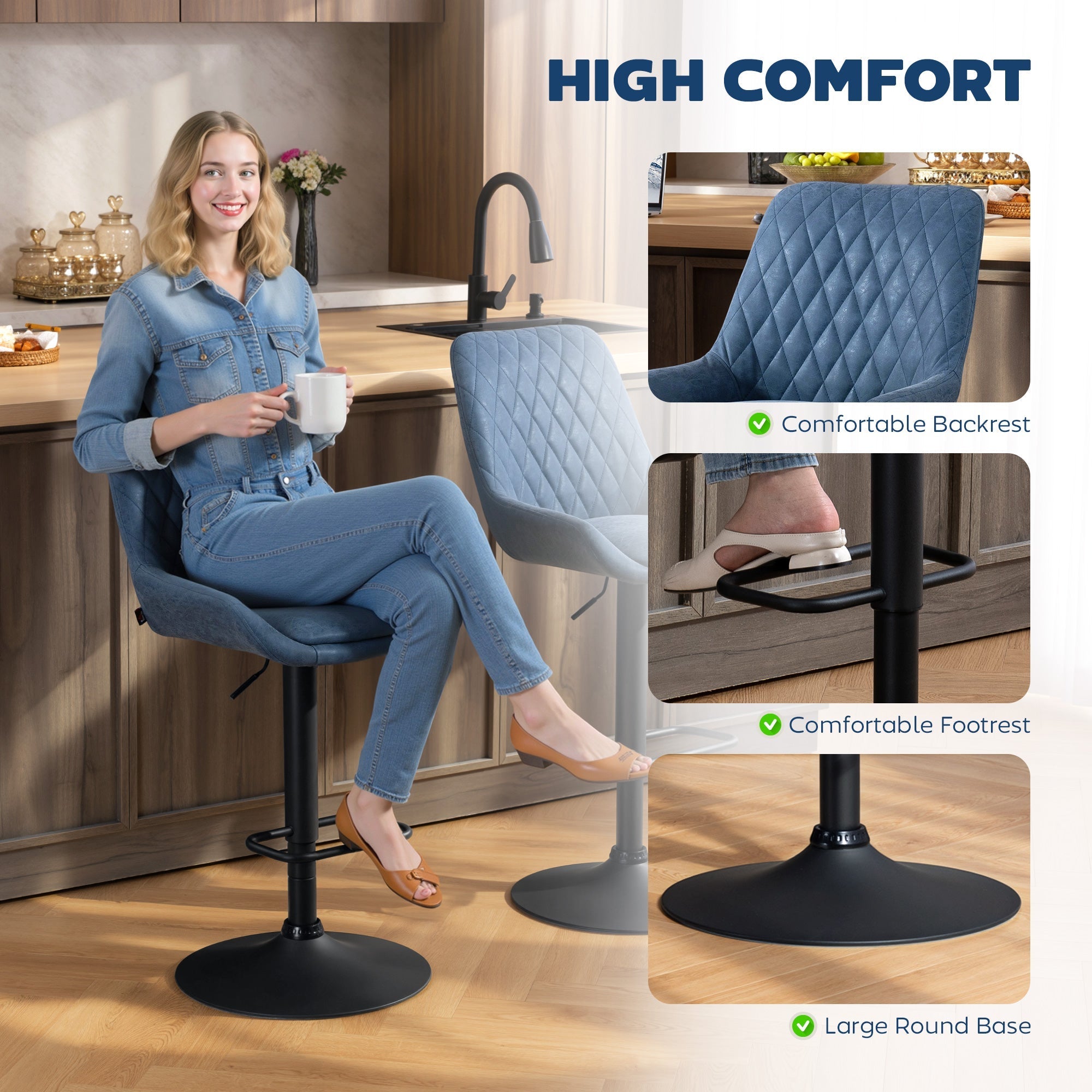 Blue quilted faux leather bar stool with black metal base and footrest from homcom set of two faux leather upholstery bar stools