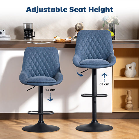 Homcom set of two blue quilted velvet bar stools with black metal bases and adjustable height faux leather upholstery