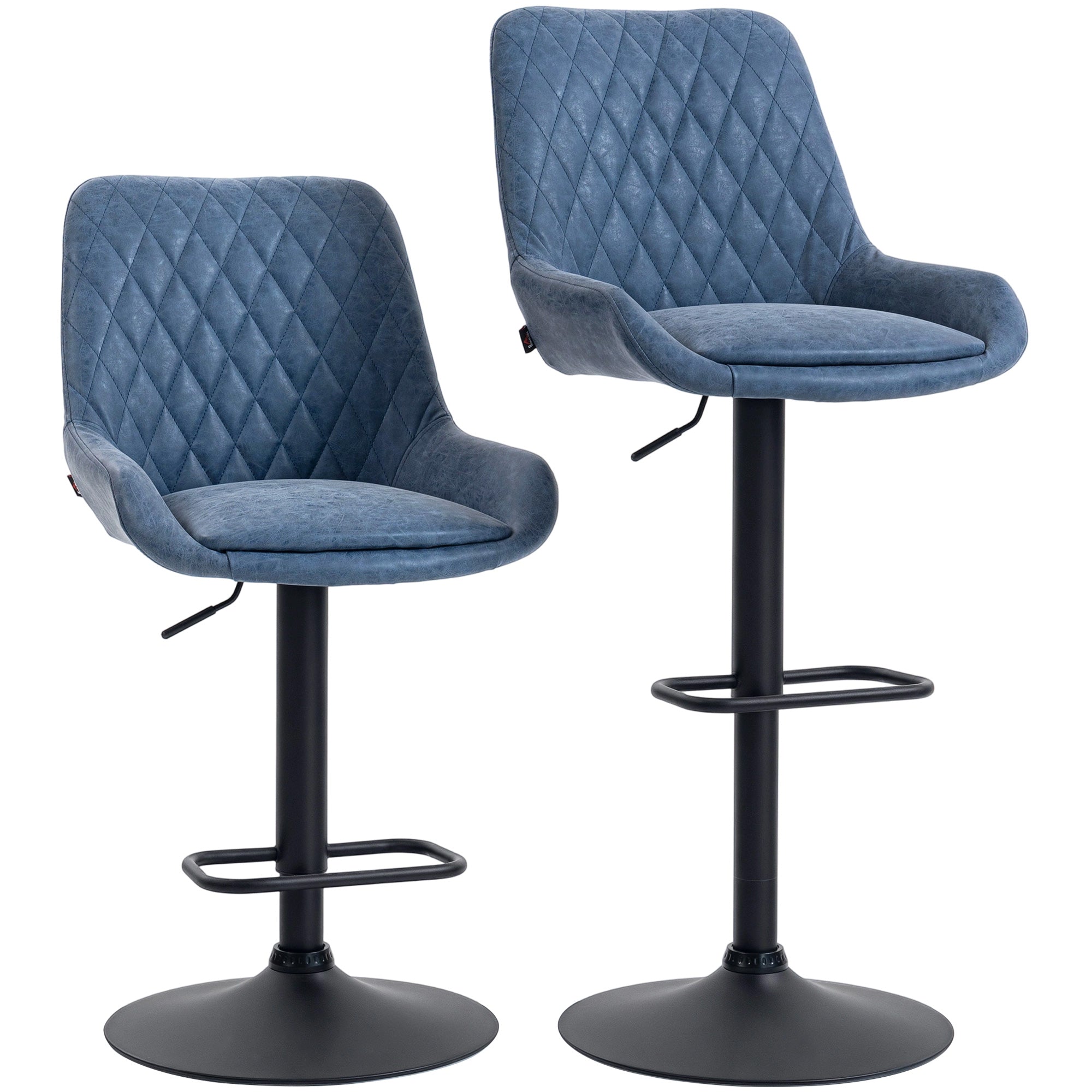 Homcom set of two faux leather retro bar stools with dark blue quilted velvet upholstery and black metal bases