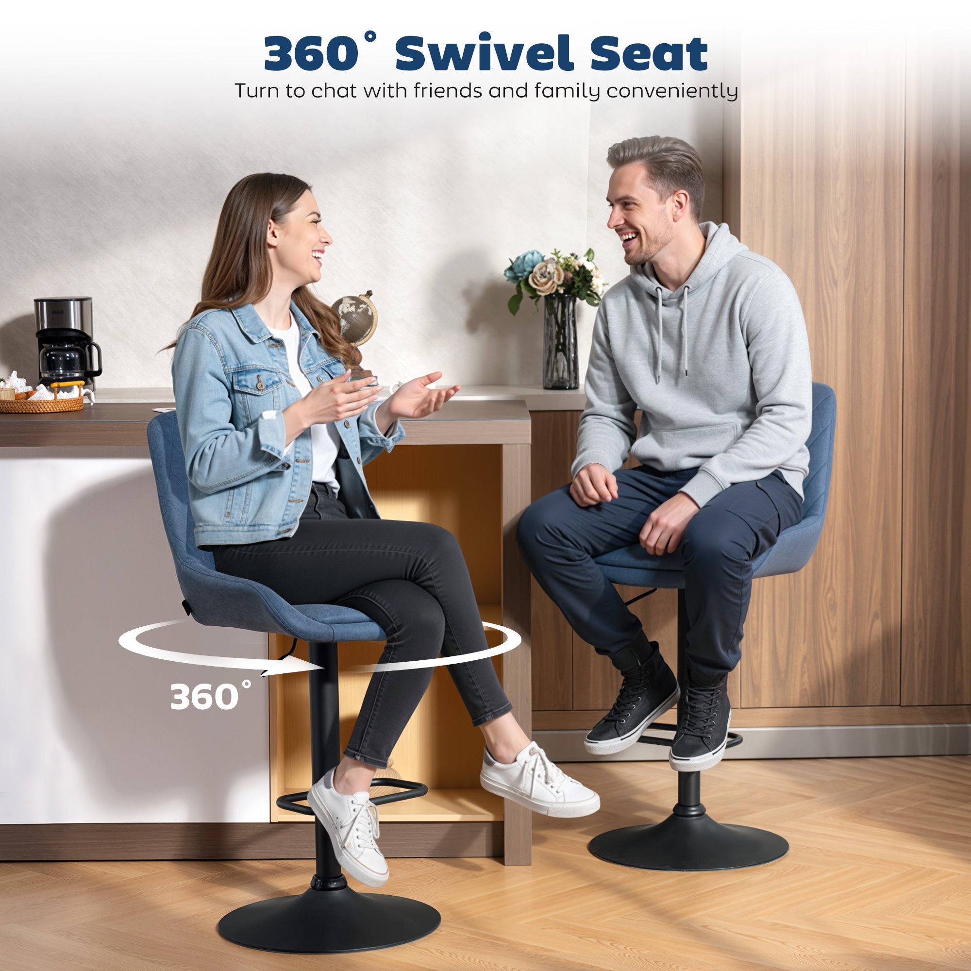 Blue upholstered 360-degree swivel bar stool with black metal base featuring faux leather upholstery from HOMCOM