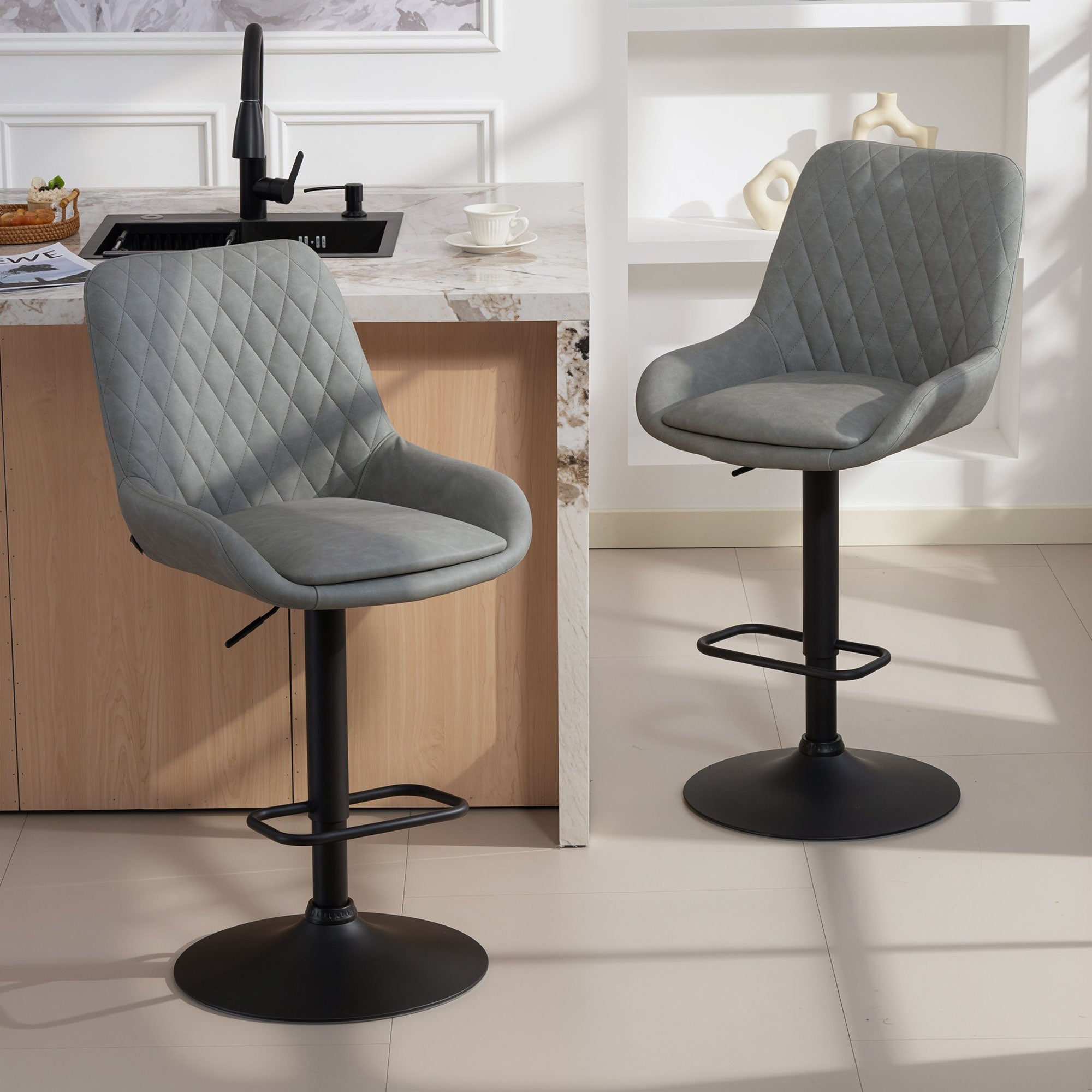 Set of two homcom bar stools with gray faux leather upholstery and black metal bases perfect for home bar seating