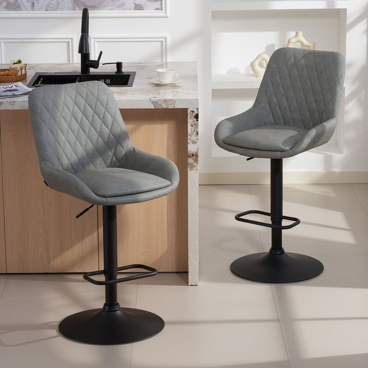 Set of two homcom bar stools with gray faux leather upholstery and black metal bases perfect for home bar seating