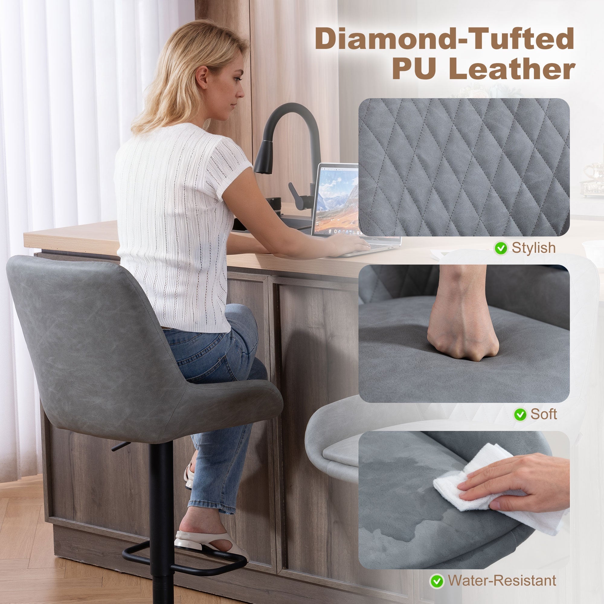 Gray diamond tufted faux leather upholstery bar stools by HOMCOM set of two light grey for kitchen or bar use
