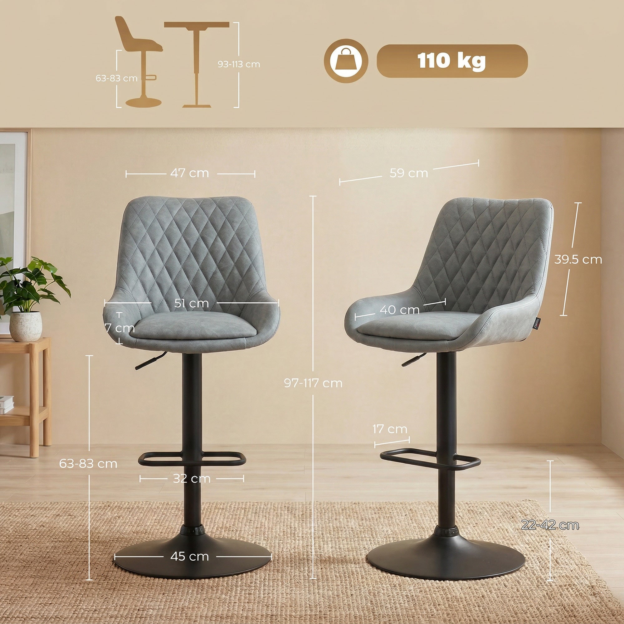 Set of two homcom light grey bar stools with faux leather upholstery and adjustable height black metal bases
