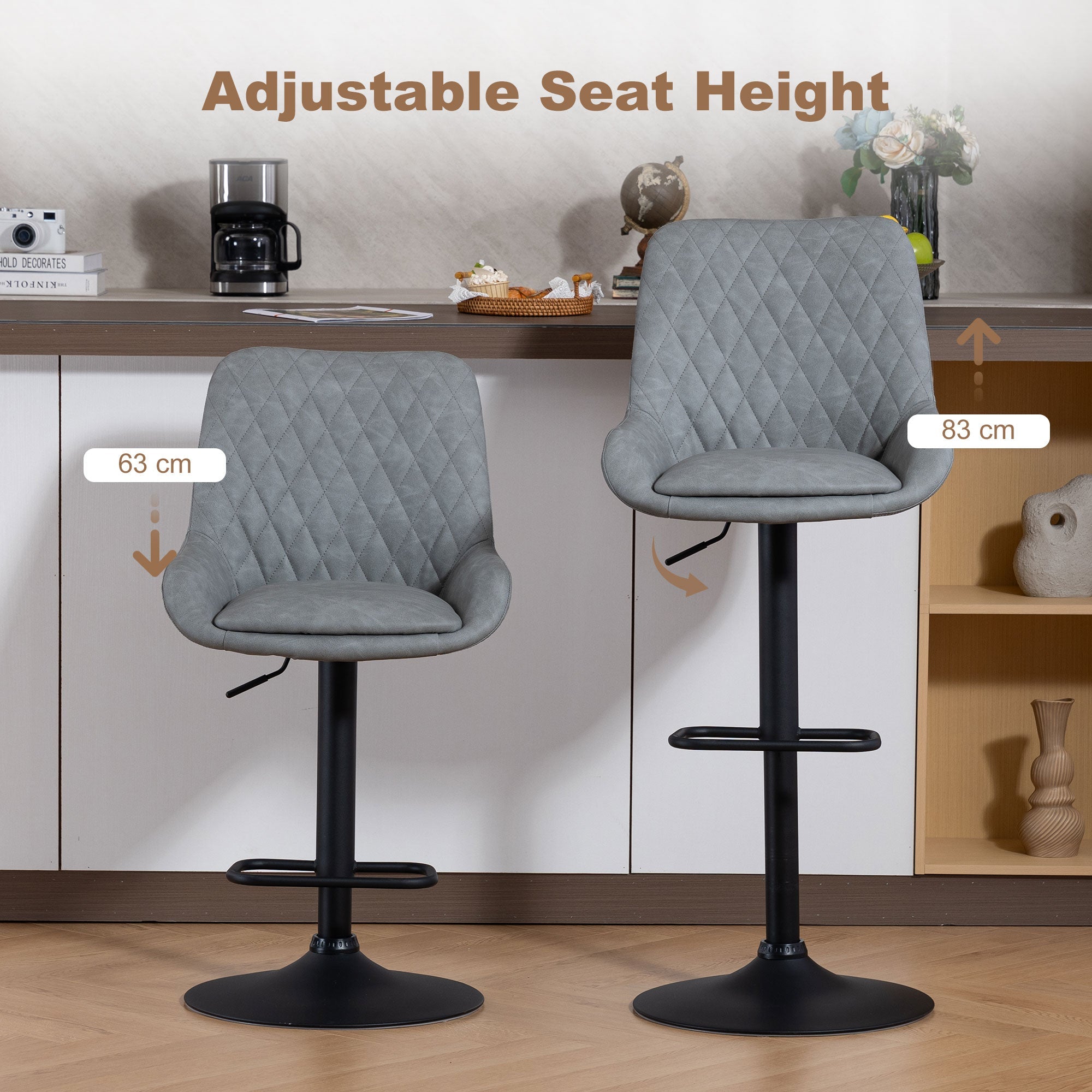 Homcom set of two light grey bar stools with faux leather upholstery and adjustable black metal bases for home use