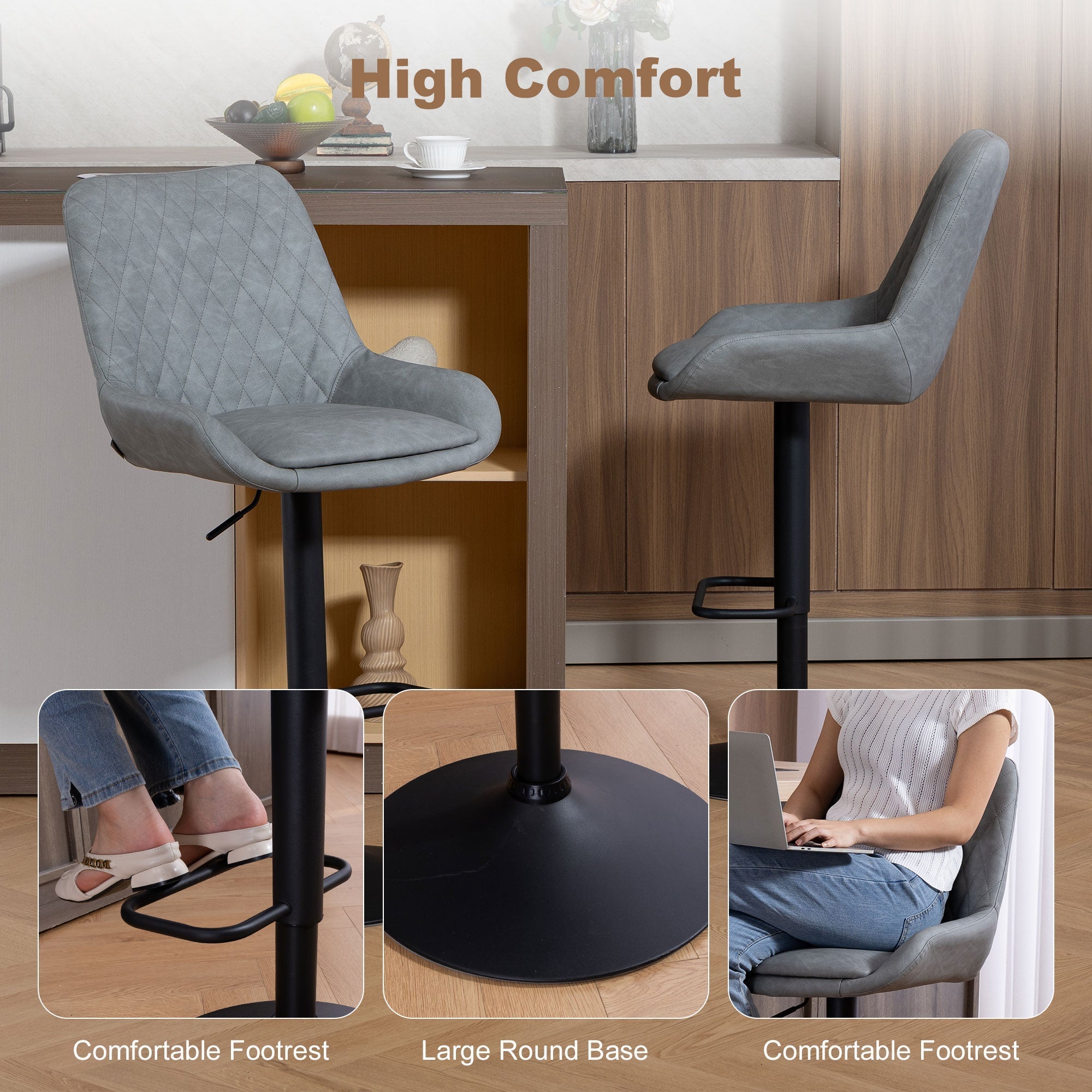 Gray quilted faux leather upholstery bar stools with black metal base and footrest from HOMCOM set of two