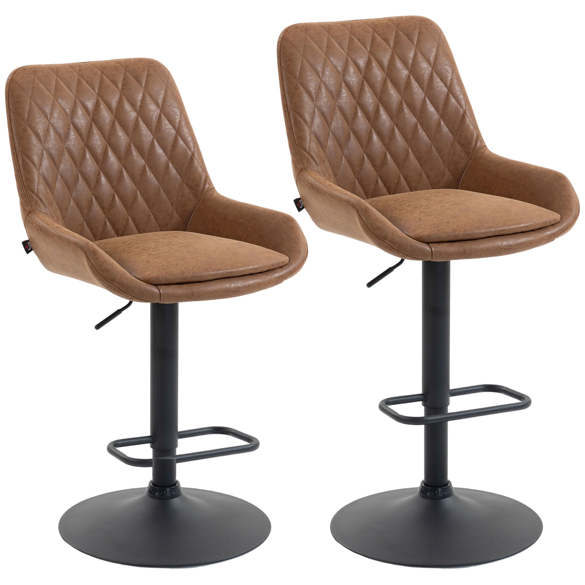 Brown quilted faux leather bar stools with black metal bases and footrests for stylish home bar seating