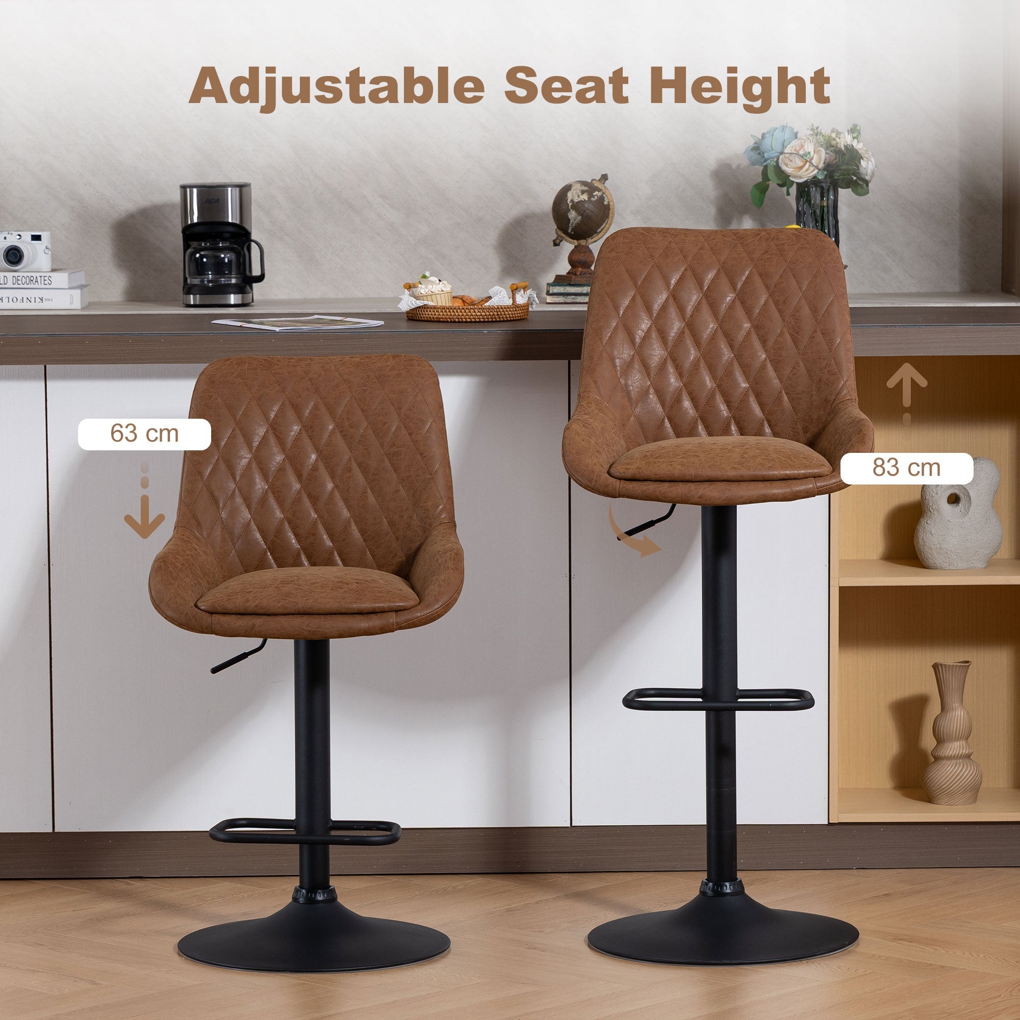 Brown quilted faux leather bar stools with black metal bases and adjustable seats in the homcom set of two faux leather retro bar stools