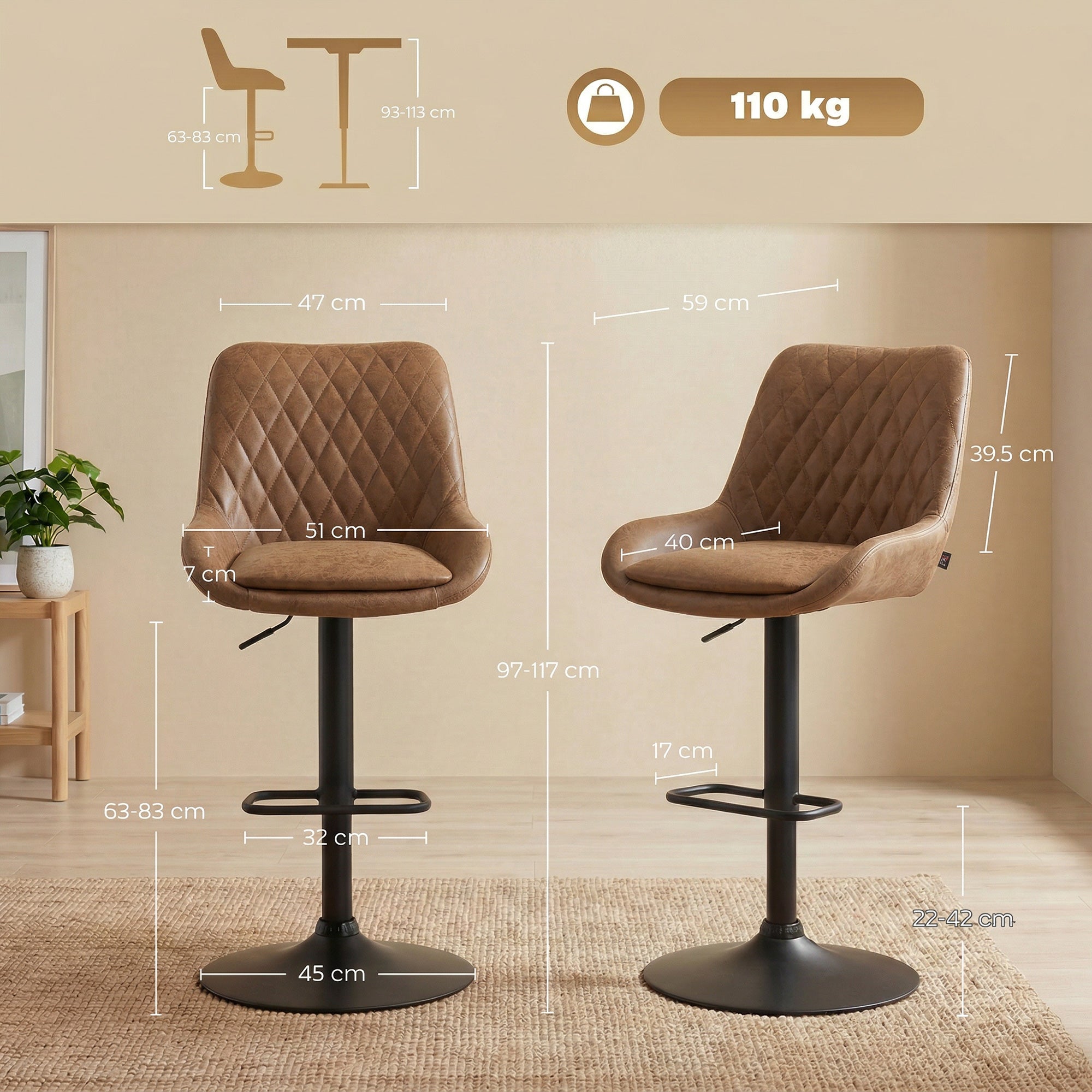 Brown quilted faux leather bar stools with black metal bases set of two for kitchen or home bar seating