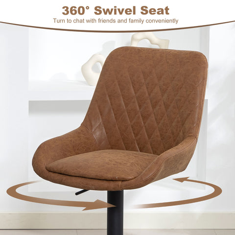 Brown quilted faux leather 360-degree swivel chair with black pedestal base featuring leather upholstery