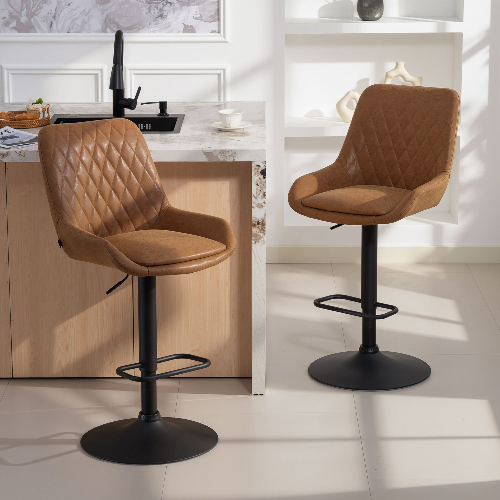 Brown quilted faux leather bar stools with black metal bases from homcom set of two retro bar stools orange