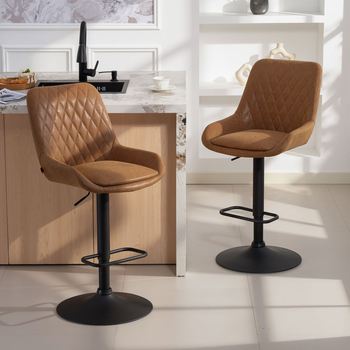 Brown quilted faux leather bar stools with black metal bases from homcom set of two retro bar stools orange