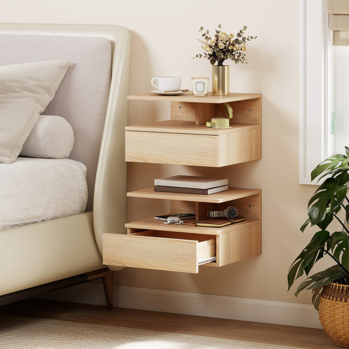 Light wood finished oak floating bedside nightstand with drawers and shelves saving floor space with floating design