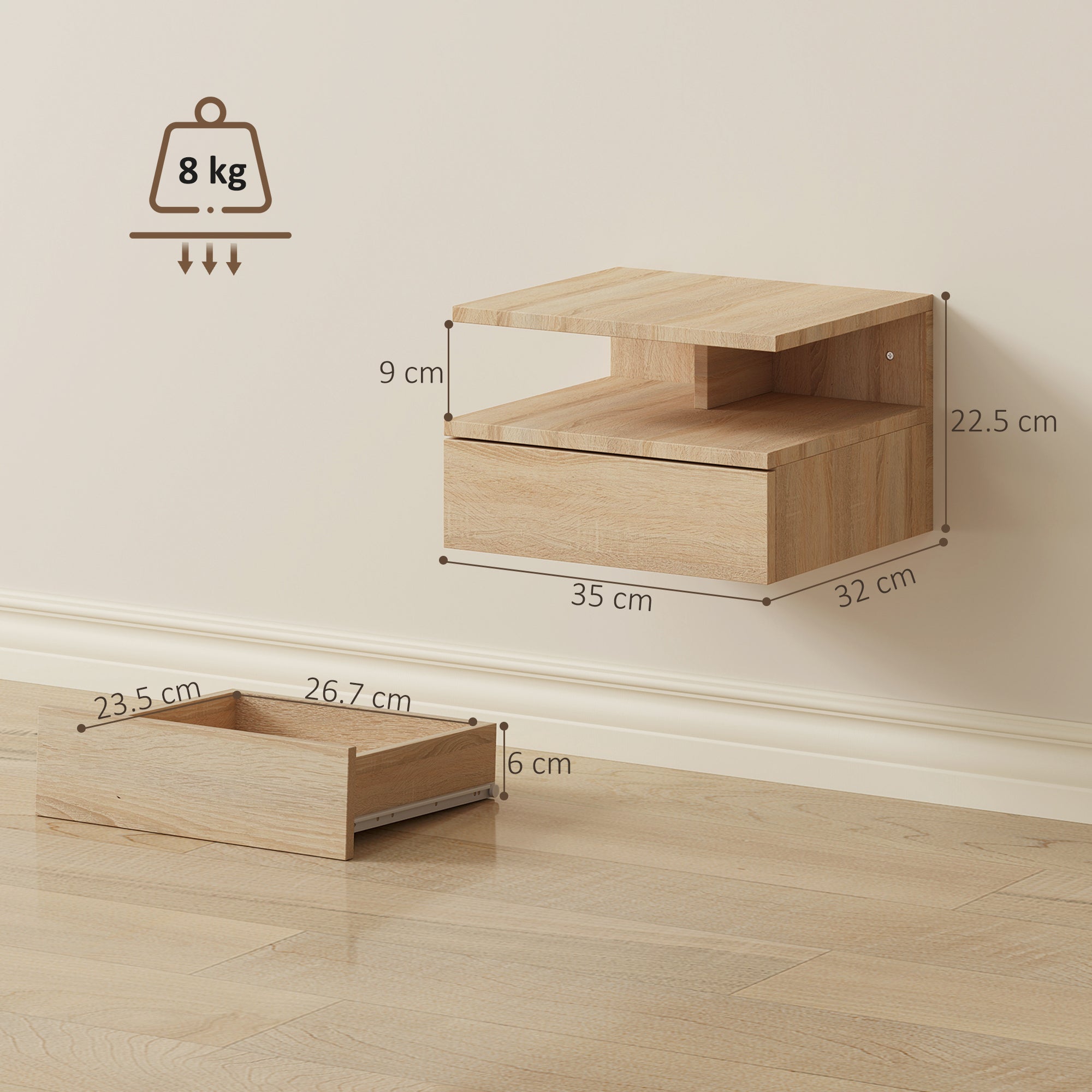 Light wood finish oak floating bedside table set with drawer and open shelf saves floor space in modern rooms