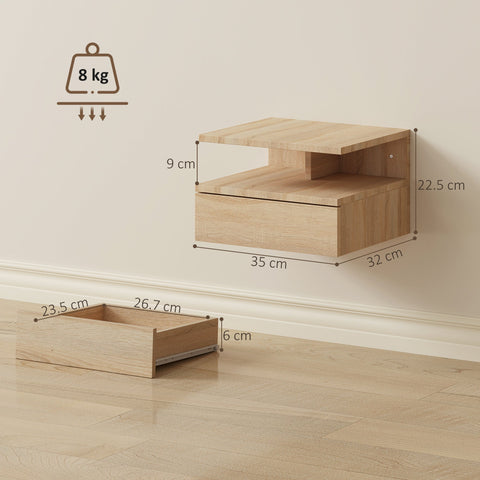 Light wood finish oak floating bedside table set with drawer and open shelf saves floor space in modern rooms